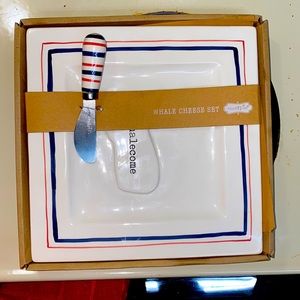 MUD PIE Whale Cheese Plate/Knife Set, Red/White/Blue, WHALECOME Nautical,Coastal